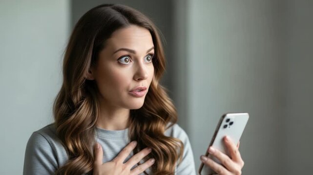 Young woman expressing shock while looking at her smartphone screen indoors, feeling emotional and