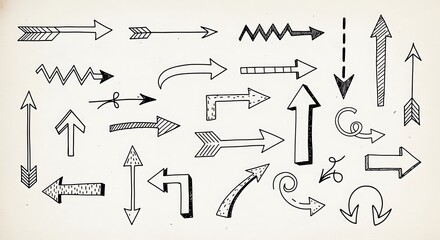 Hand-drawn collection of unique arrows, sketch style illustration of directional elements