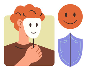 Person holding a smiling facial mask, accompanied by a shield and a happy icon. Ideal for identity, emotional health, protection, trust, self-expression, mental wellness personal growth. Simple flat