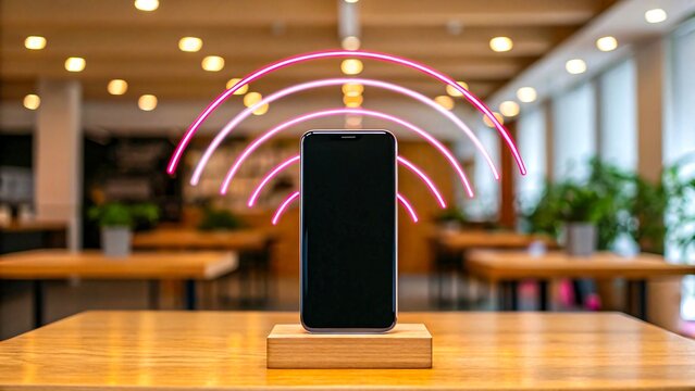 Smartphone with wireless signal icon in modern cafe
