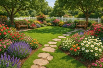 Obraz premium Vibrant cottage garden with picket fence and colorful wildflowers in summer bloom
