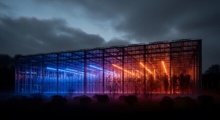 Obraz premium Modern greenhouse illuminated with blue and orange lights at night