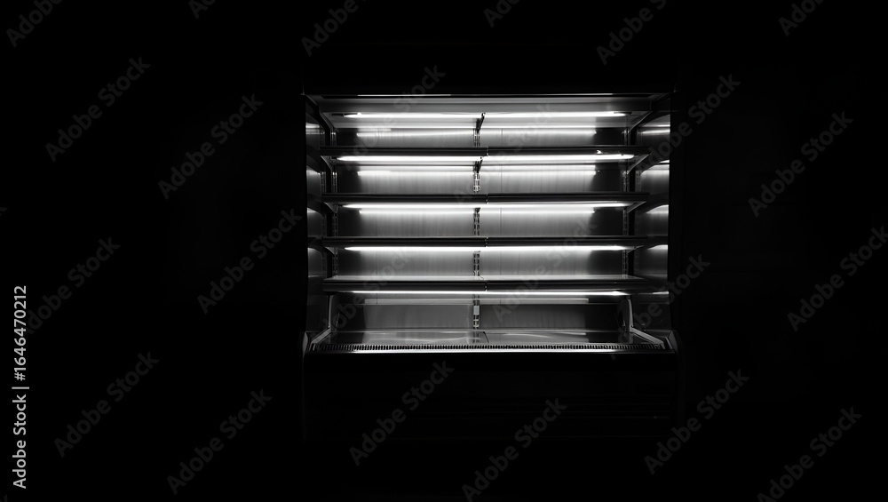 Poster a stark monochrome view of a layered vent with bright, horizontal lines illuminating dark spaces.