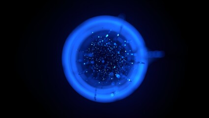 Illuminated blue sphere with small particles evokes a sense of wonder and scientific mystery.