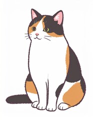 Obraz premium A cute, illustrated calico cat sitting gracefully, featuring a tri-color coat of orange, black, and white fur.