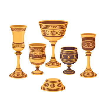 Set ancient Greece drinking cup rhyton, kantharos, skyphos, mastos, kyathos, cylix. Kit antiquity wine cup with patterns on white background in style flat vector illustration.
