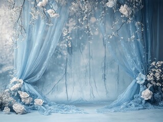 Enchanting Blue Backdrop with Delicate White Flowers and Lace Detailing for Wedding or Romantic Photoshoots