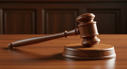 Symbol of justice gavel resting on block, representing law and legal proceedings in the court