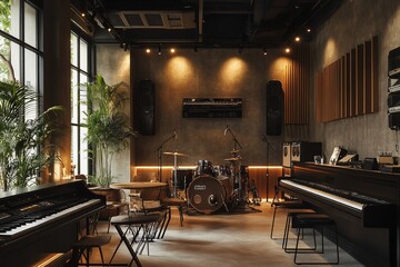 Sophisticated music studio with piano, drums, and modern design elements