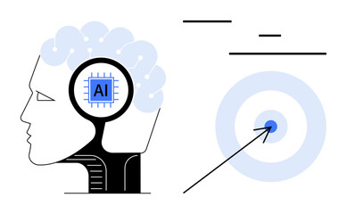 Human profile with AI chip inside brain, interconnected nodes, arrow targeting bullseye. Ideal for technology, innovation, AI, machine learning, problem-solving, precision simple landing page