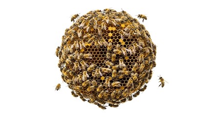 Swarm of honey bees covering a honeycomb structure isolated on white background