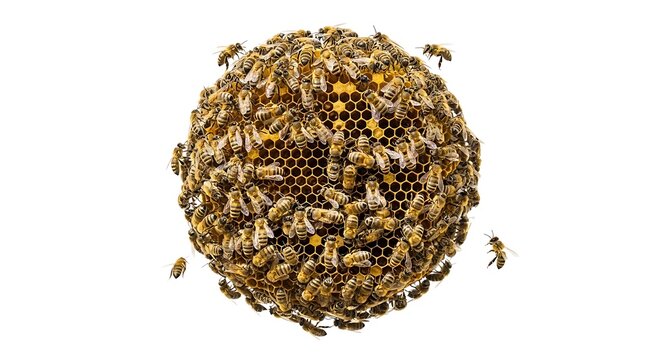 Swarm of honey bees covering a honeycomb structure isolated on white background - Powered by Adobe