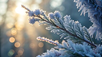 Frost covered pine branch illuminated by golden sunrise