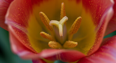 Obraz premium Detailed macro view of a tulip's interior, highlighting the intricate structure of the stamen, pistil, and vibrant pollen grains.