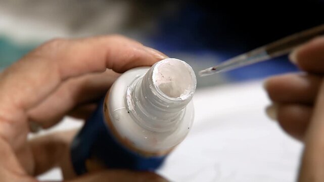 Elderly Woman Dipping Brush into White Tempera Paint Jar at Senior Painting Workshop - Close Up