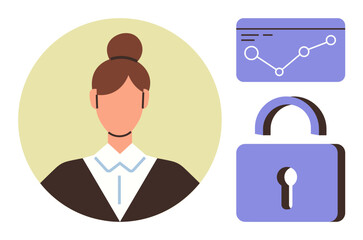 Woman with formal attire alongside a data analytics chart and a padlock icon. Ideal for data privacy, security, technology, business, analytics, professionalism, simple flat metaphor