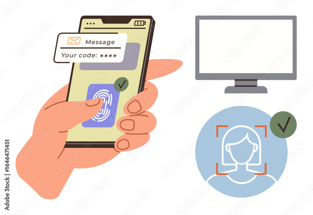 Poster hand using smartphone fingerprint scanner for login, facial recognition screen, and computer display