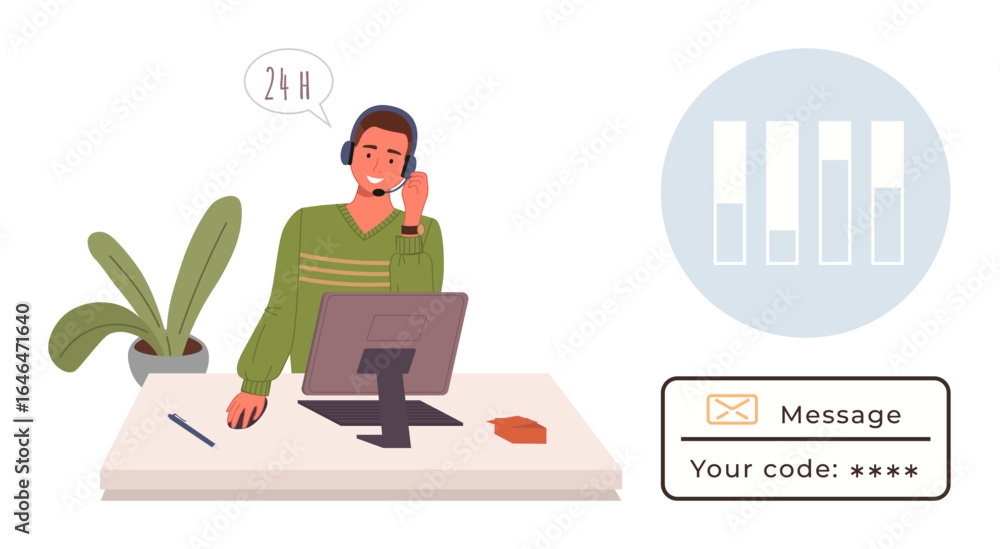 Aufkleber support agent wearing headset at desk with computer, message notification, and analytics icon. ideal