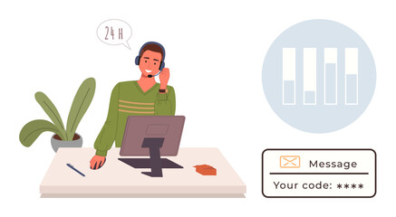 Support agent wearing headset at desk with computer, message notification, and analytics icon. Ideal for customer service, help desk, communication, tech support, business, assistance