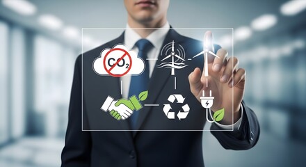 Businessman interacting with a futuristic screen showing green energy icons