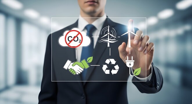 Businessman interacting with a futuristic screen showing green energy icons