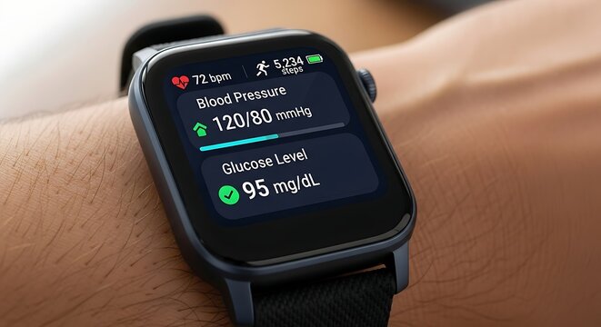 Smartwatch monitoring vital signs for health tracking and personal wellbeing showing health data