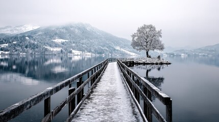 Snowy winter landscape with a wooden pier over a serene lake.
