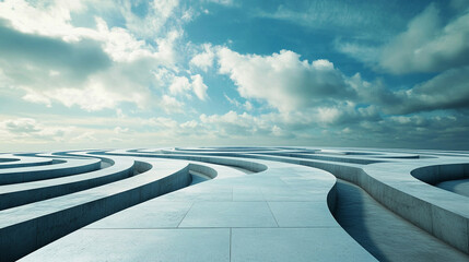 Abstract concrete maze under a cloudy sky  a futuristic landscape design