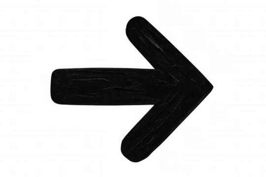 Wooden textured black arrow directing rightward, transparent backdrop highlighting navigational graphic element