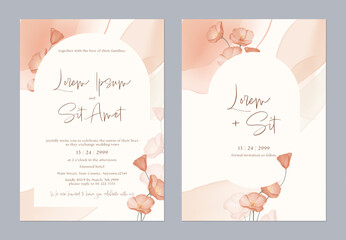 Wedding invitation and save the date template set with a watercolor washes in soft peach and beige tones, along with California Poppy flowers