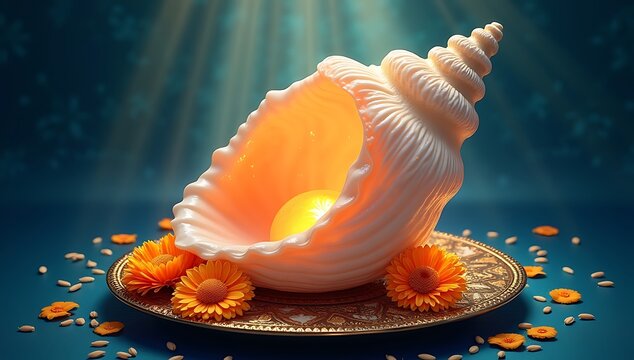 A glowing conch shell placed on a traditional brass plate with marigold flowers and rice grains, surrounded by soft golden light rays on a deep blue background.