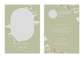 Floral memorial card template, featuring leafy branches in shades of white and green on a light green background