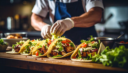 Chef assembling tacos with fresh ingredients, hands in frame, cinematic focus, soft natural lighting, shallow depth of field, ultra realistic textures, food photography style