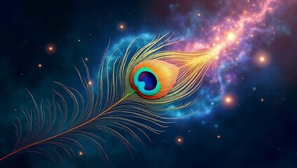 A creative fusion illustration of a peacock feather morphing into a swirling galaxy, symbolizing divine energy and the cosmic presence of Lord Krishna.