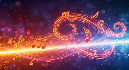 Vibrant glowing musical notes and a treble clef flow across an abstract background with energetic light trails, symbolizing sound and creativity.