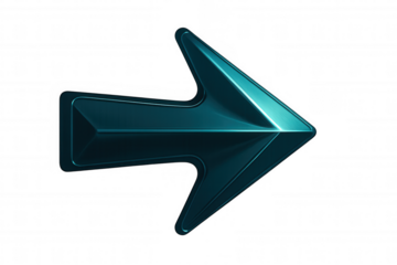 Metallic teal 3d arrow pointing rightward, symbolizing directional guidance against transparent backdrop