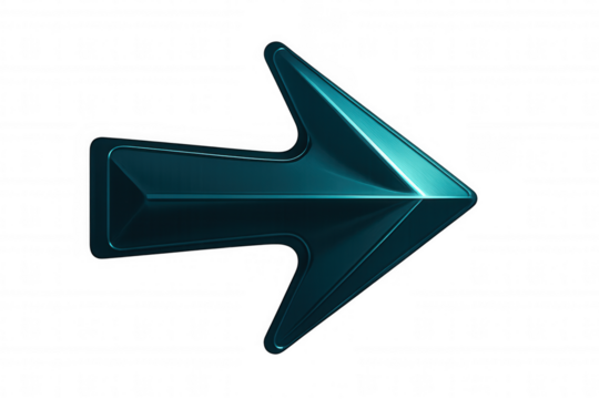 Metallic teal 3d arrow pointing rightward, symbolizing directional guidance against transparent backdrop - Powered by Adobe