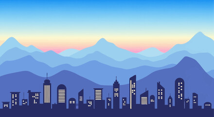 Modern Cityscape Silhouette with Layered Mountains and Sunset Hues Backdrop