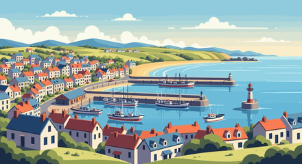 Obraz premium Picturesque coastal village scene with fishing boats and a welcoming harbor