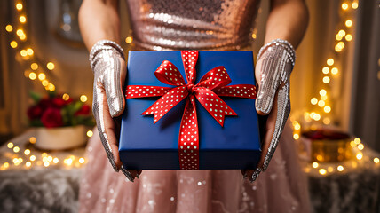 Woman holding blue gift box with red bow at festive celebration
