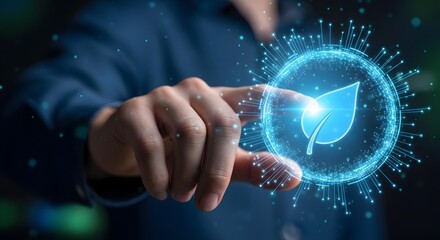 Person touching a glowing digital leaf icon representing eco technology