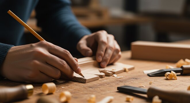 Woodworking hands marking wood with pencil