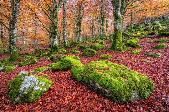 Autumnal forest floor, vibrant colors, mossy rocks