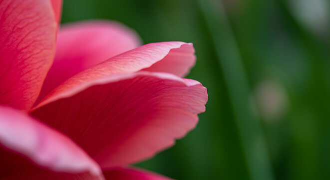 Ethereal macro of a pink petal's delicate curve, showcasing soft texture and vibrant color against a blurred natural green background.