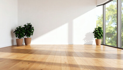 Minimalist Empty Room with Plant and Wooden Floor