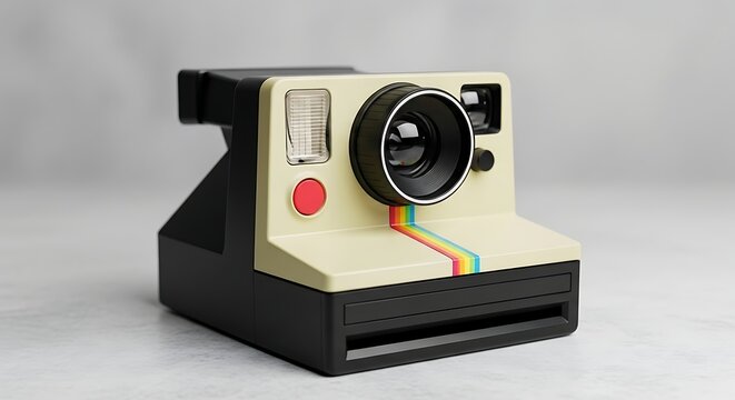 Vintage instant camera with rainbow stripe evokes nostalgic memories and retro vibes