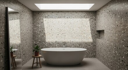 Minimal bathroom with terrazzo walls, freestanding tub, and skylight lighting.
