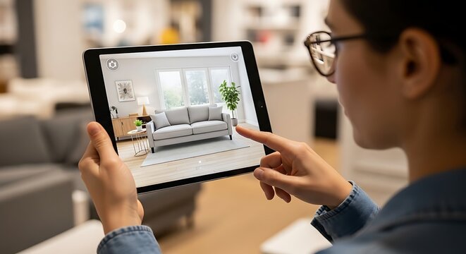 Woman Using Augmented Reality App on Tablet to Visualize Furniture Placement at home