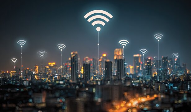 City skyline at night, illuminated by glowing WiFi icons