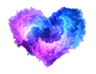 Heart shaped nebula with pink and blue swirls, shimmering stars throughout against a black background, space, cosmos, dreamlike, ethereal, romantic.